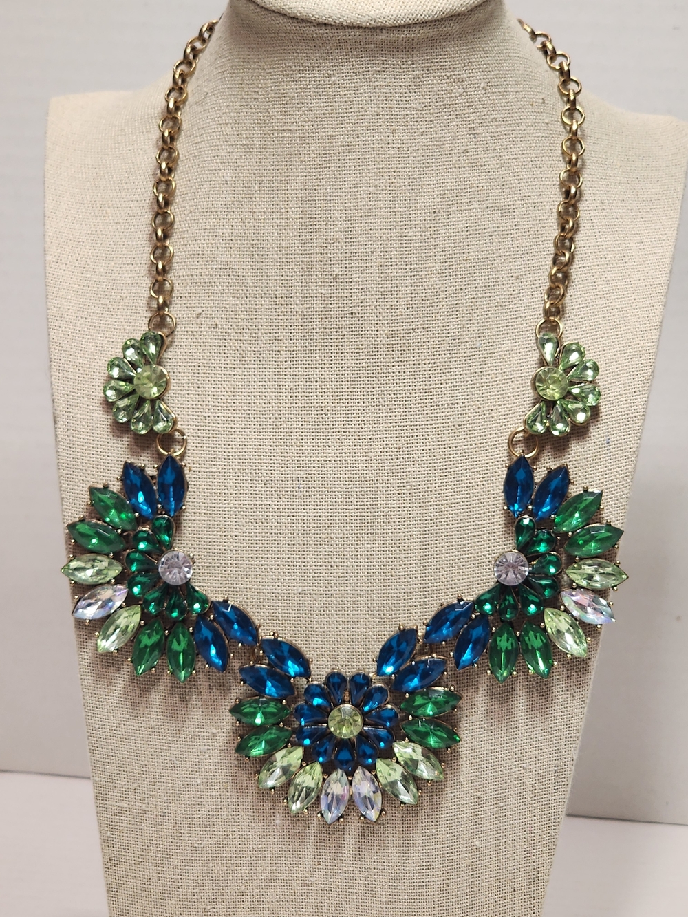 90's Glass Rhinestone Necklace Gold Green White Blue Tones 21" Colar